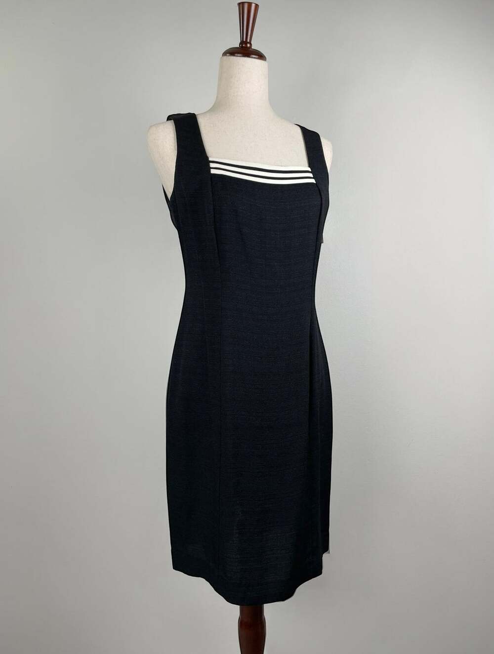 Vintage 90s S.L. Fashions Mod Sheath Dress 8 Black White Sailor Stripe Trim LBD